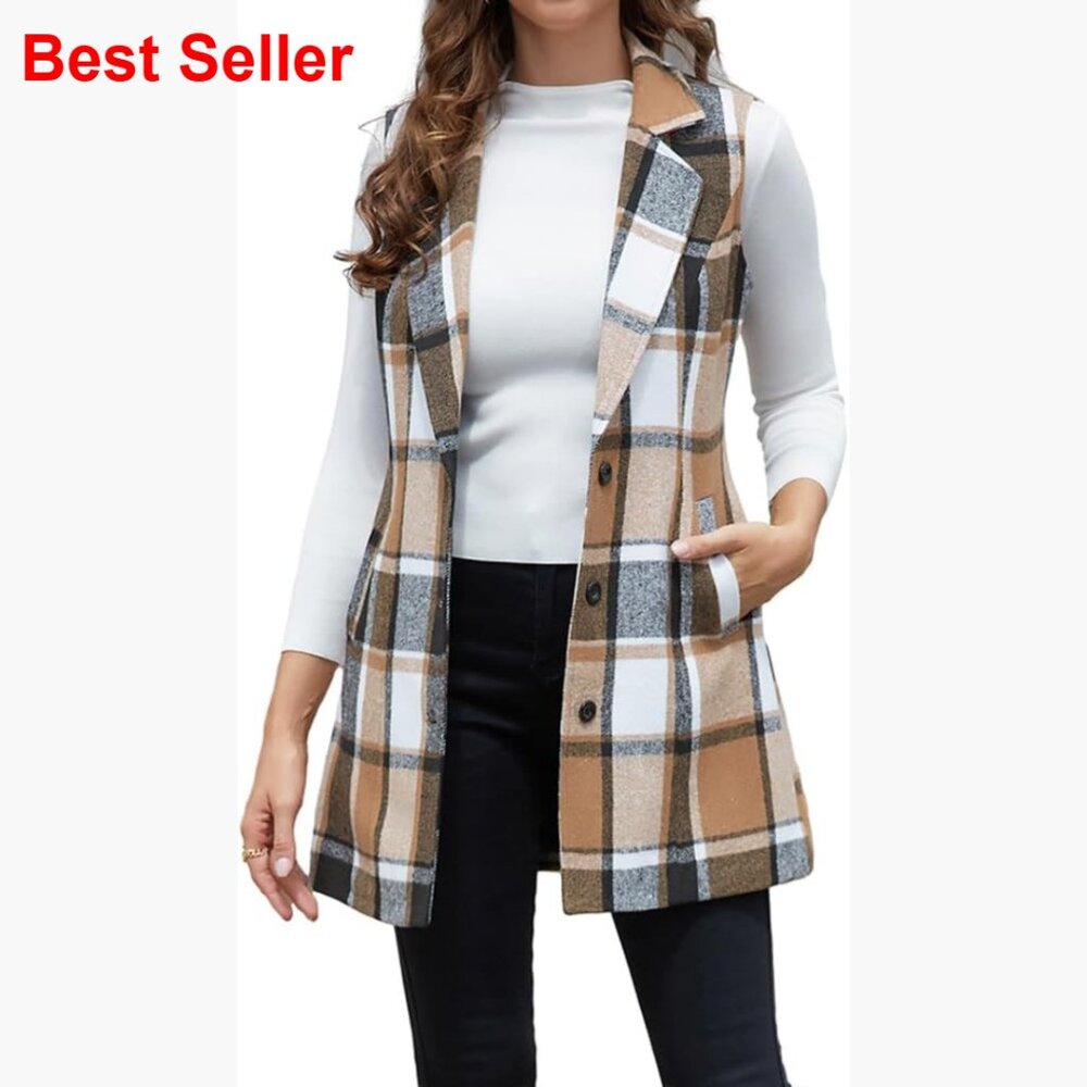 Wool Blend Plaid Vest Sleeveless Blazer Jacket Casual Fitted